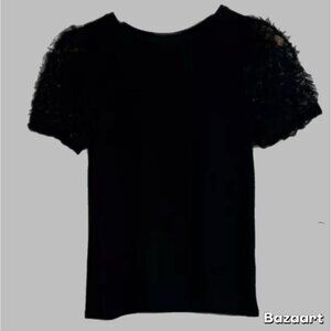 Zara Womens Short Ruffle Tulle Sleeve Crew Neck Pullover Black Top Size S